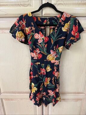 Floral Navy V‑Neck Short Romper with Flutter Sleeves
